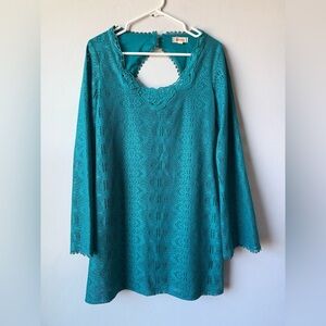 Olsenboye Teal Boho Long Flare Sleeve Lace Dress